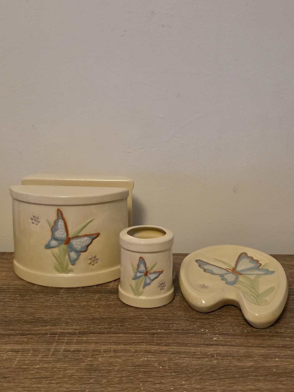 Vintage 80s Ceramic Butterfly Kitchen 3 Pc. Set in Cream and Blue